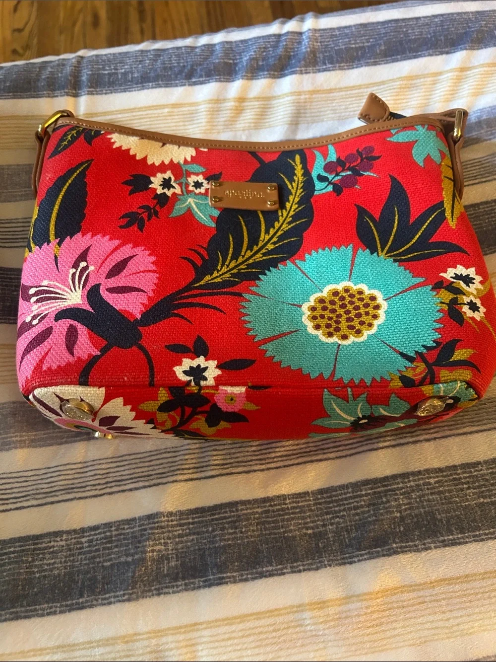Sakroots Red Floral Canvas Shoulder Bag with Turquoise and Pink Accents